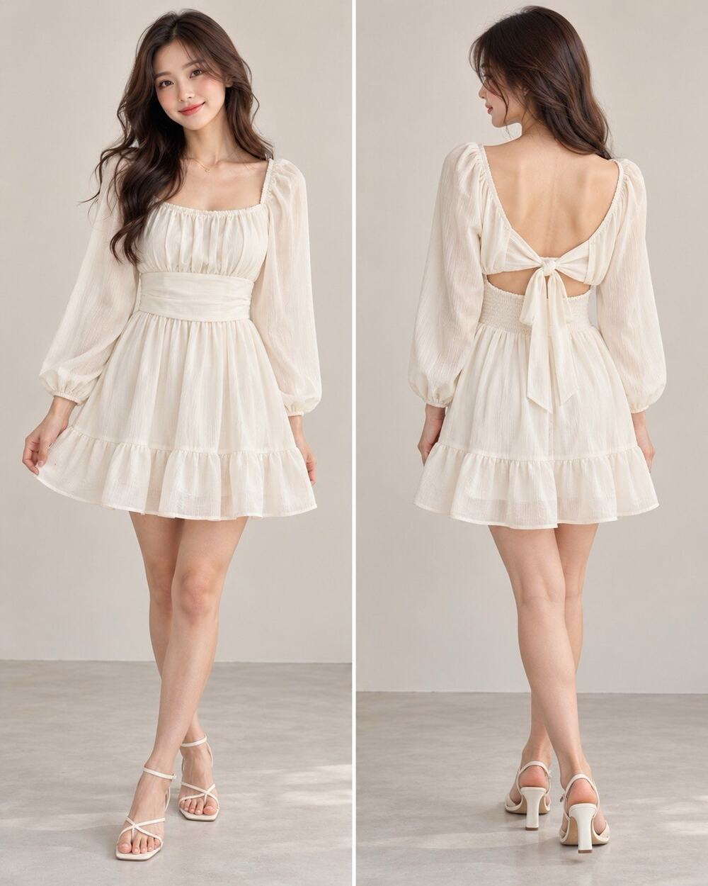 White Puff Sleeve Mini Dress Size L Square Neck Tiered Skirt